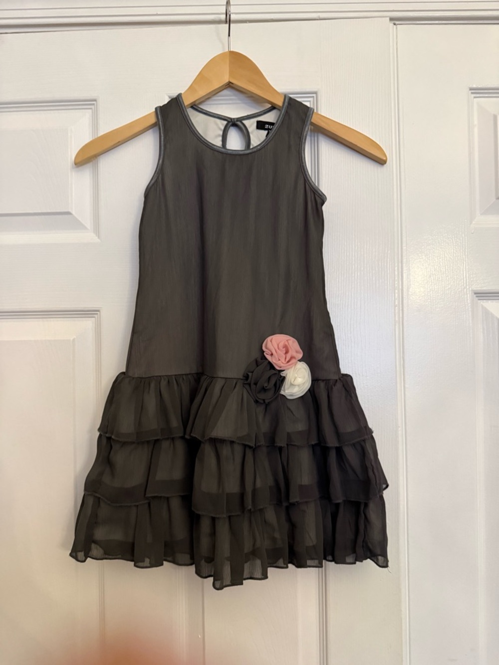 Zunie Charcoal Gray Ruffled Party Dress with Floral Rosettes